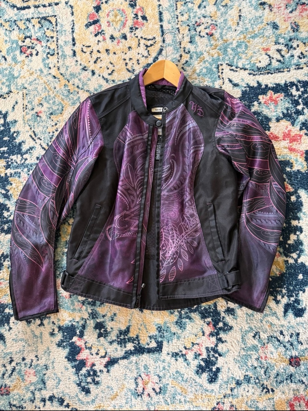 Harley-Davidson Women's Black and Purple Patterned Leather Motorcycle Jacket